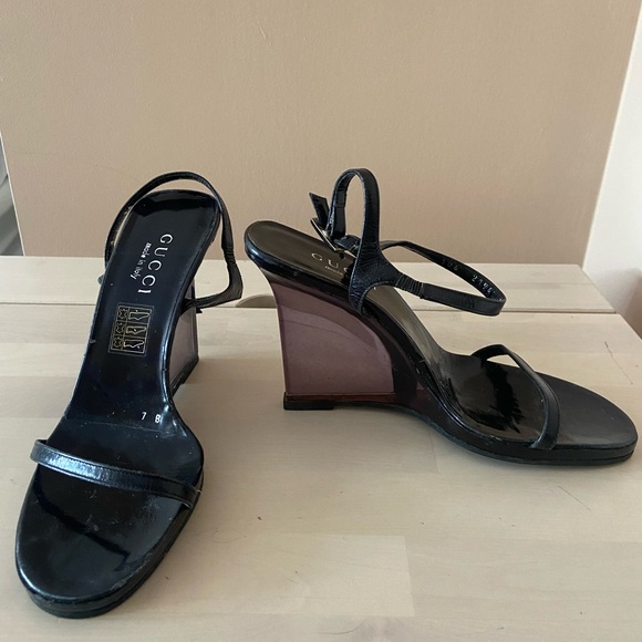 Gucci Shoes - Tom Ford for Gucci lucite wedge block heels. Black patent leather.